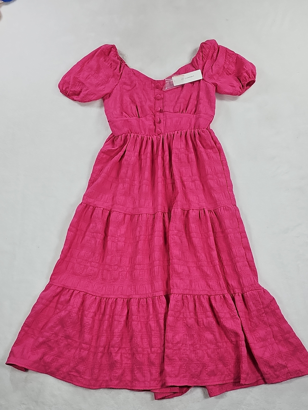 No Comment Pink Tiered Midi Dress Puff Sleeve Sweetheart Neck Seersucker Size M